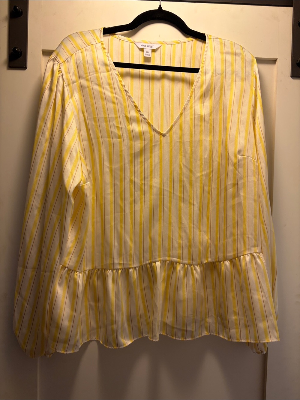 Nine West Yellow and White Striped V-Neck Ruffle Tunic